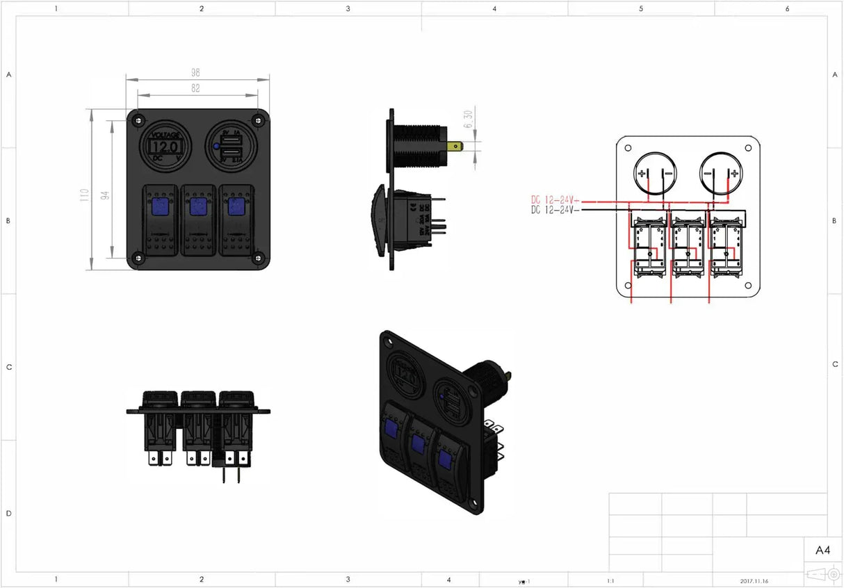 1852 Marine katkaisinpaneeli 3 kytkintä - Happy Angler
